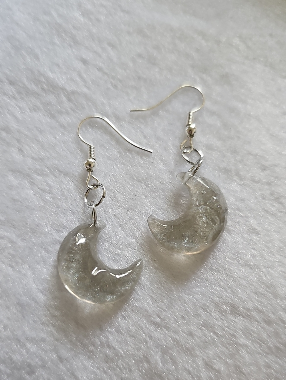 Pale Silver Wave Texture Crescent Moon Dangle Earrings